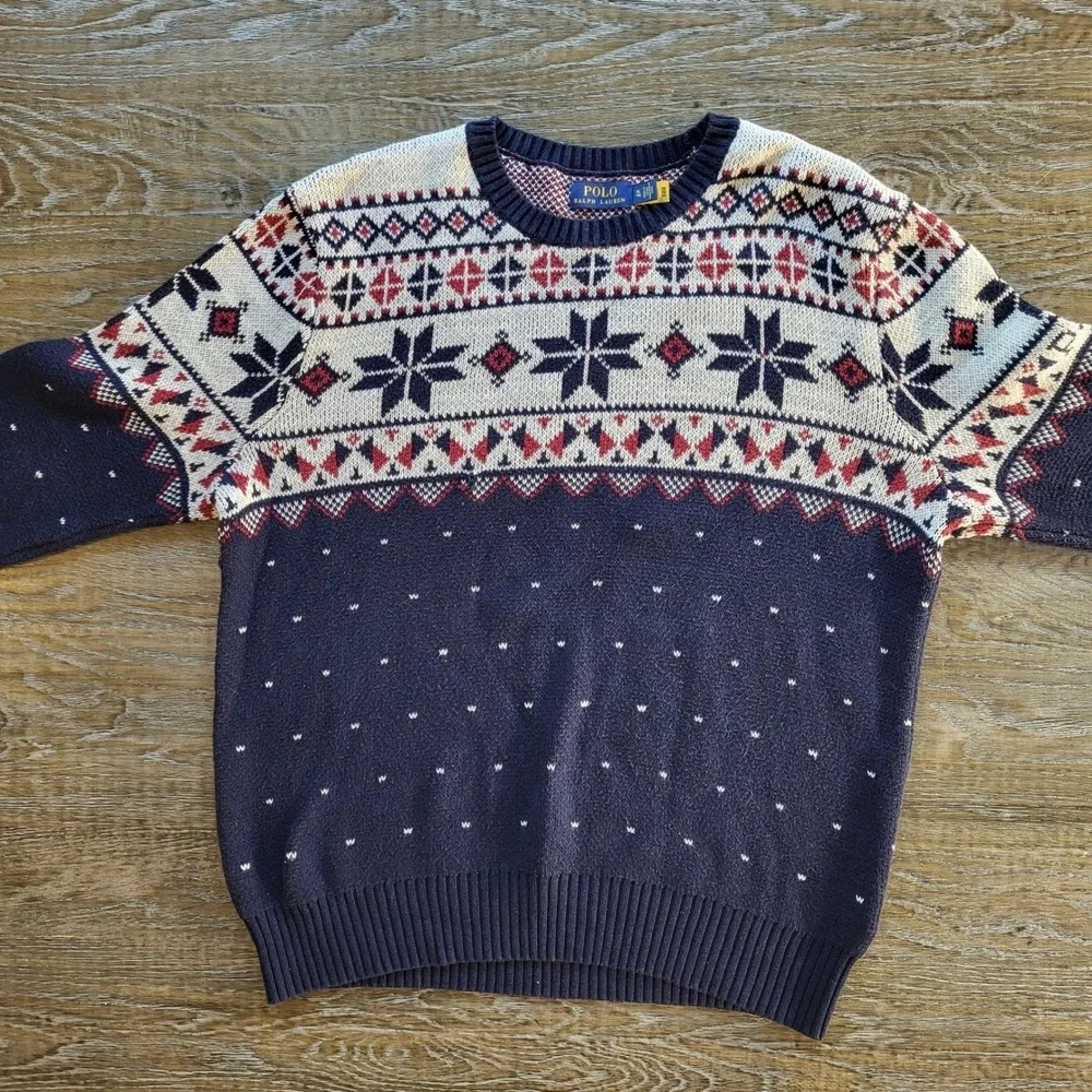 Polo Ralph Lauren Mens XL Fair Isle Snowflake Knit Sweater Navy Blue Red Cotton